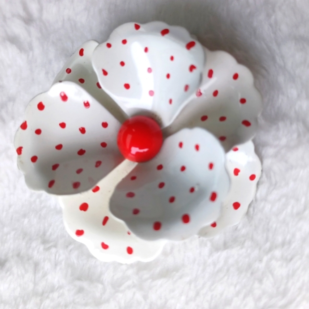 Vintage White and Red Polka Dot Enamel Flower Brooch